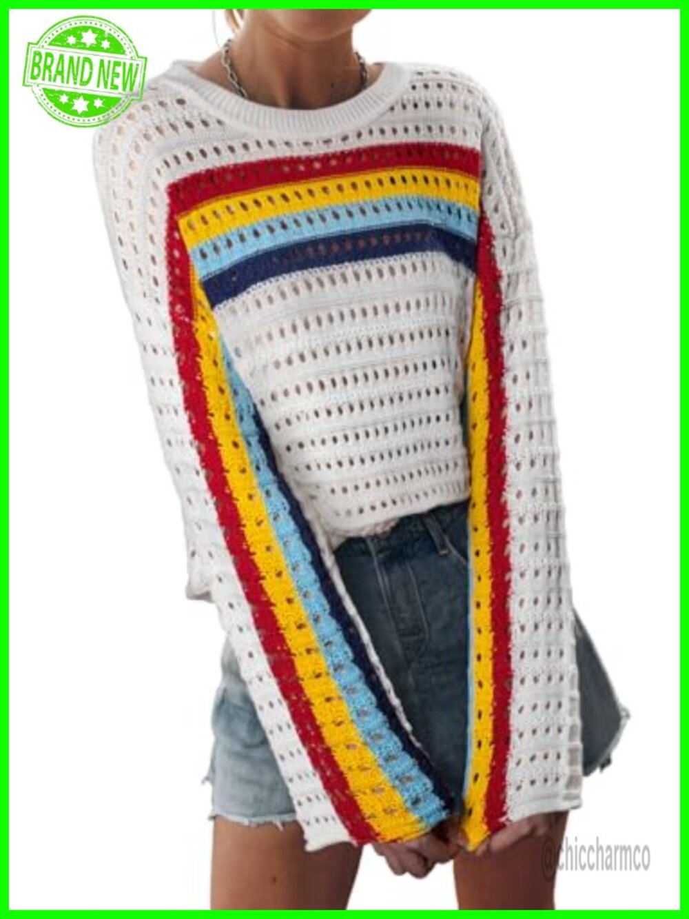 Womens Long Sleeve Crochet Knit Sweater Pullover Crew Neck Hollow Out